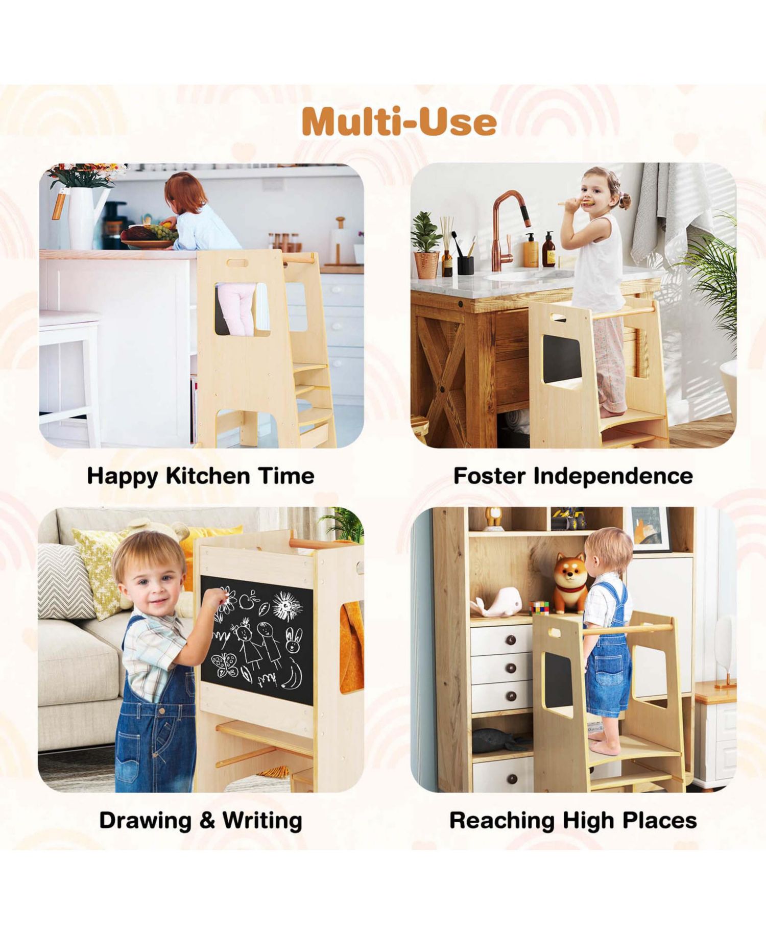 Toddler Kitchen Step Stool with Activity Chalkboard Adjustable Height & Safety Rail