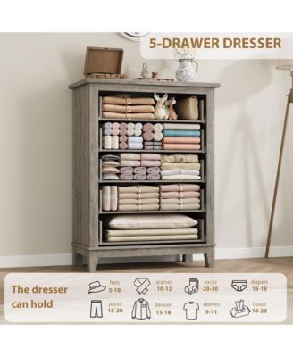 5-Drawer Grey Freestanding Wooden Chest, 41.3" Tall, Vertical Dresser for Living Room, Bedroom, Entryway