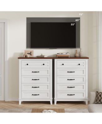 5-Drawer White Freestanding Wooden Chest, 41.3" Tall, Brown Top, Vertical Dresser for Living Room, Bedroom