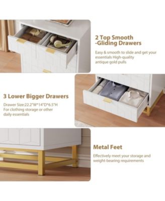 5-Drawer White Bedroom Dresser with Metal Base, Modern Chest Cabinet Organizer for Living Room, Hallway, Closet