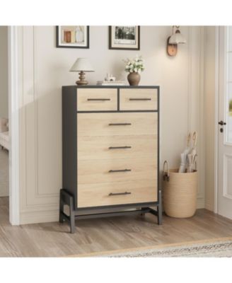 4+2 Drawer Black Polished Engineered Wood Dresser, Chic Cabinet Legs, Waterproof Top, Anti-Tip, Modern Bedroom Storage