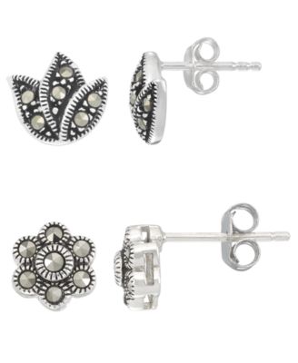 2-Pc. Marcasite Flower and Lotus Stud Earrings Set in Sterling Silver