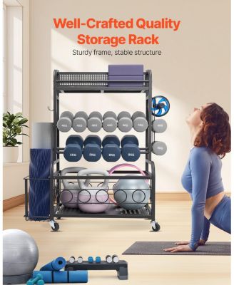 Yoga Mat Storage Rack, Steel Organizer with Hooks and Wheels for Dumbbells, Kettlebells and Fitness Accessories