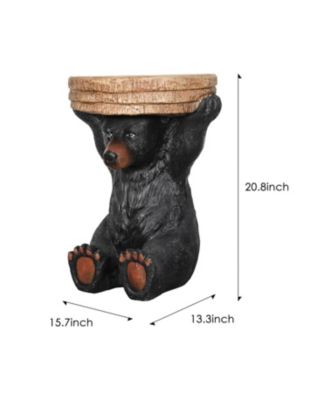 20.8" H Black Bear Side Table - Rustic Bear Statue End Table Holding Tree Stump Tray for Porch, Patio, Garden, or Living Room Decor