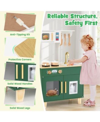 Kid's Play Kitchen with Microwave Stoves Rotation Knobs Ice Dispenser Faucet Sink