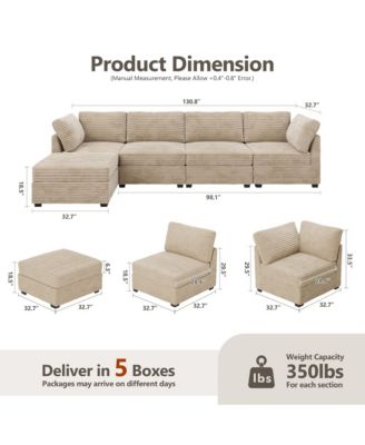 128'' Modular Sectional Sofa Couch, 5-Piece Comfy Corduroy Fabric Couch for Living Room, Modern L-Shaped Deep Seat Sofa with Chaise Ottoman