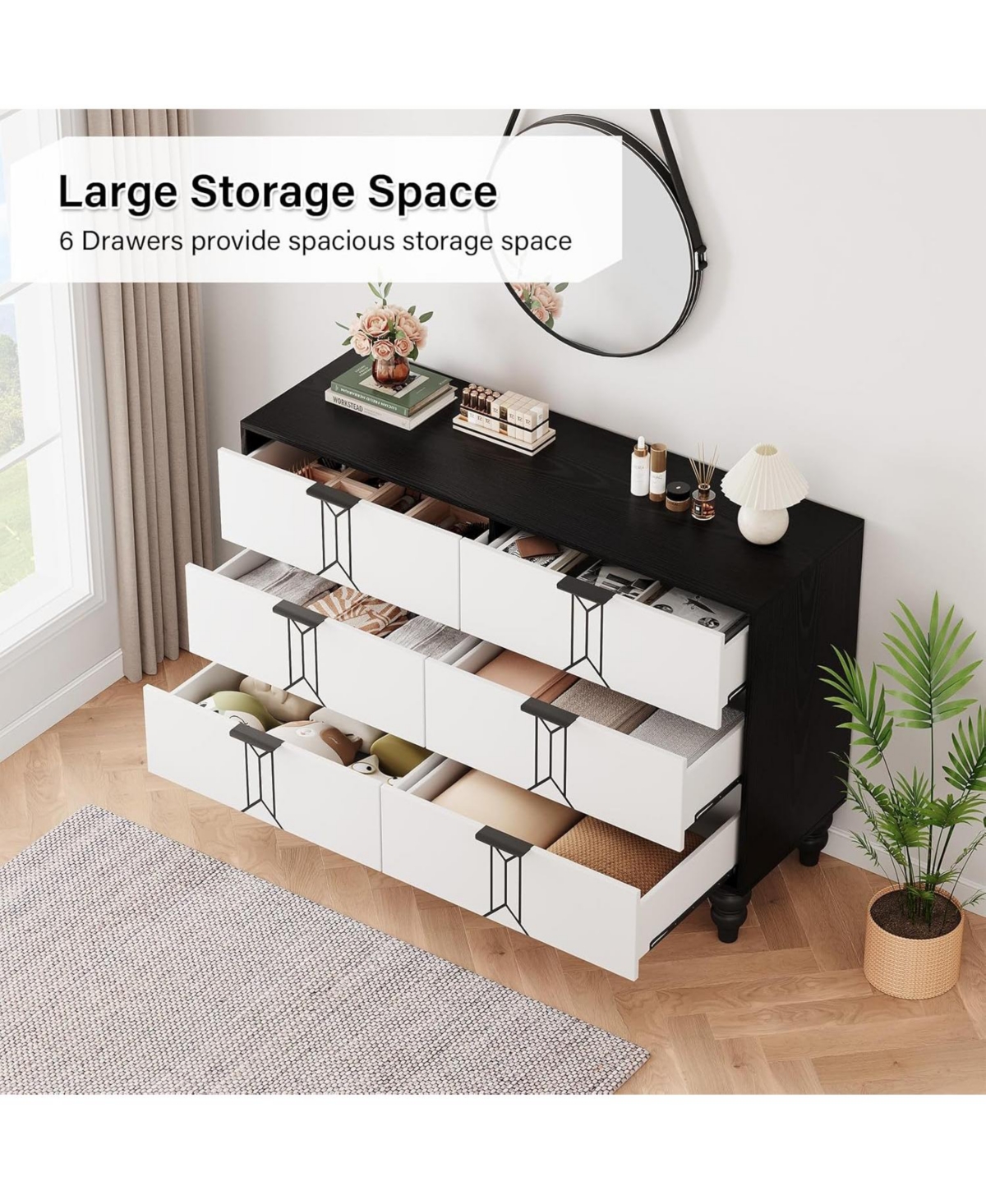 gaomon 6-Drawer Modern Wooden Dresser, Vintage Pattern Chest, Deep Drawers Bedroom Storage, Living Room, Entryway