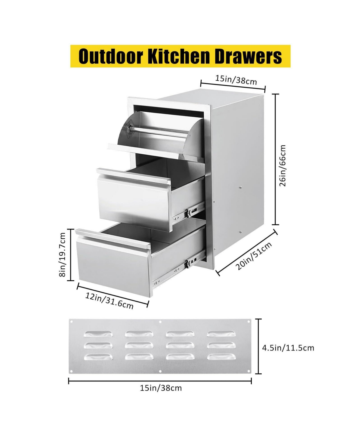 gaomon 15.7W x 17.7D x 21.6H Inch Outdoor Kitchen Drawers, Flush Mount Triple Stainless Steel Bbq Storage Drawers