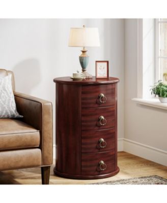 Solid Wood End Table, Round Side Table with 4 Drawers