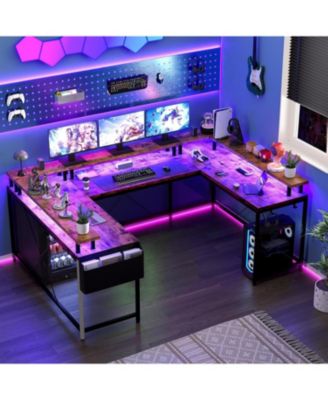 78" U-Shaped Computer Desk with Power Outlets & RGB LED, Reversible L-Shaped Home Office Desk with Storage