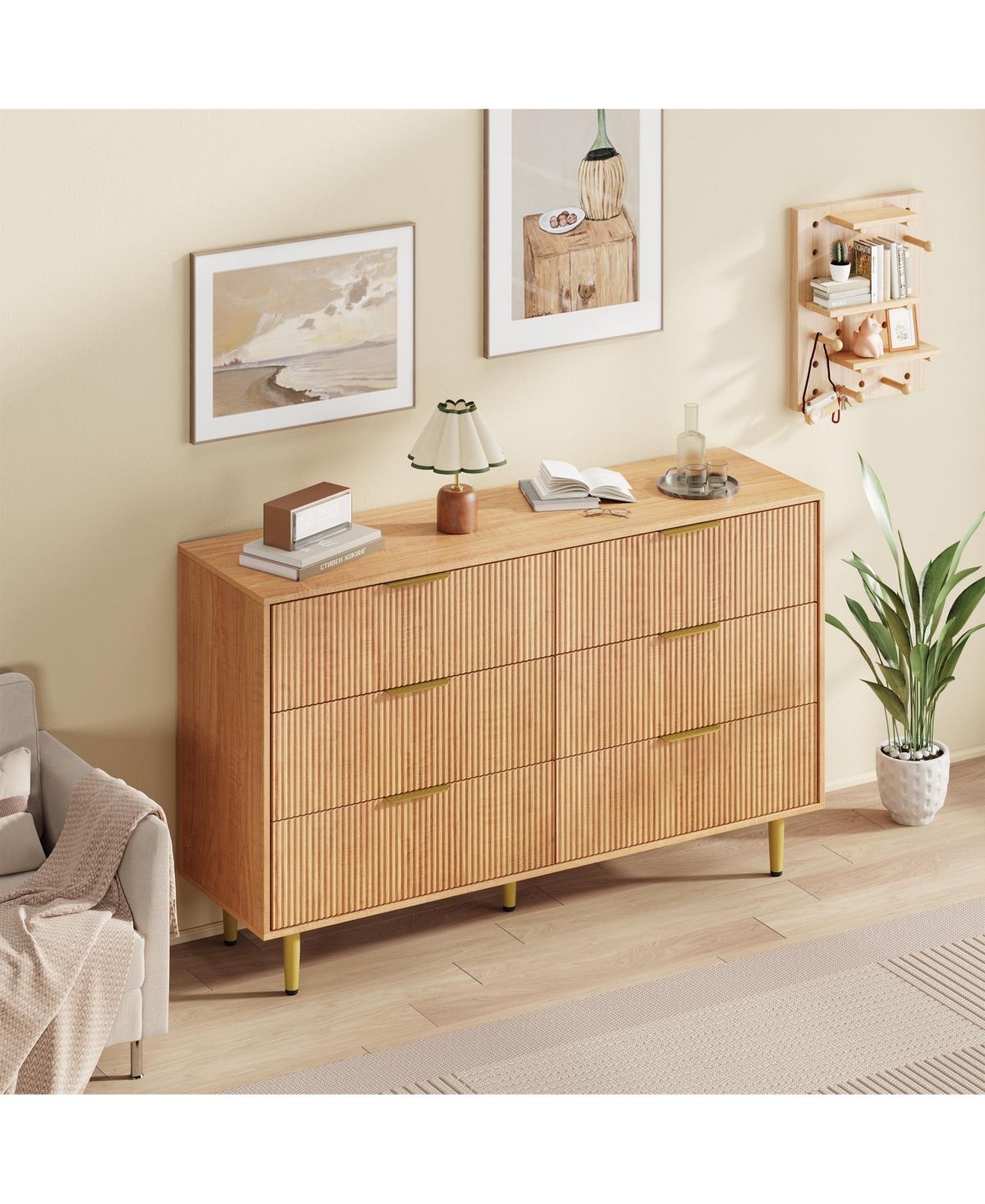 gaomon Modern Fluted Drawer Dresser Wood Chest of Drawers with Metal Handles and Legs