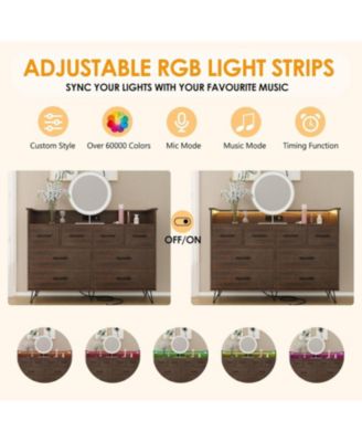 8-Drawer Modern Wooden Dresser with LED Light and Charging Station, Open Shelf Bedroom Storage Cabinet