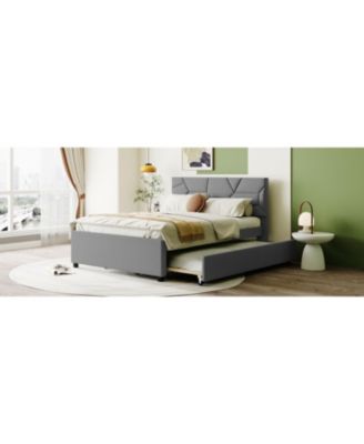 Full Size Upholstered Platform Bed With Brick Pattern Headboard And Twin Size Trundle, Linen