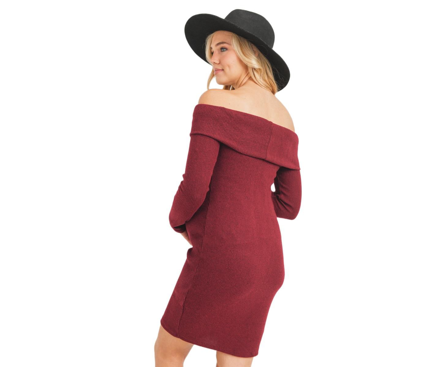 Женское платье Hello Miz Ribbed Off Shoulder Long Sleeve Bodycon, цвет: Бордовый — фото 2