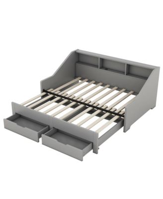 Twin to King Size Daybed Frame with Storage Bookcases and Two Drawers,Charging Design