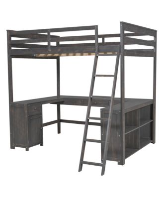 Full Size Loft Bed with U-shaped Desk, Drawers and Storage Shelves