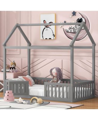 Twin Size Wood House Bed with Fence and Door