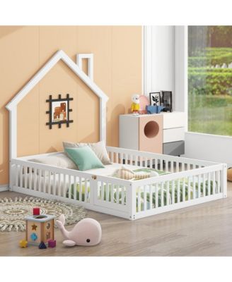 Wood Full Size House Platform Bed with Guardrail