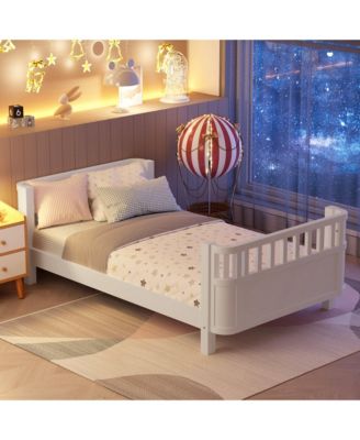 Twin Size Wood Platform Bed for Kids with Low Profile and Safety Rails, White (Patented Design)