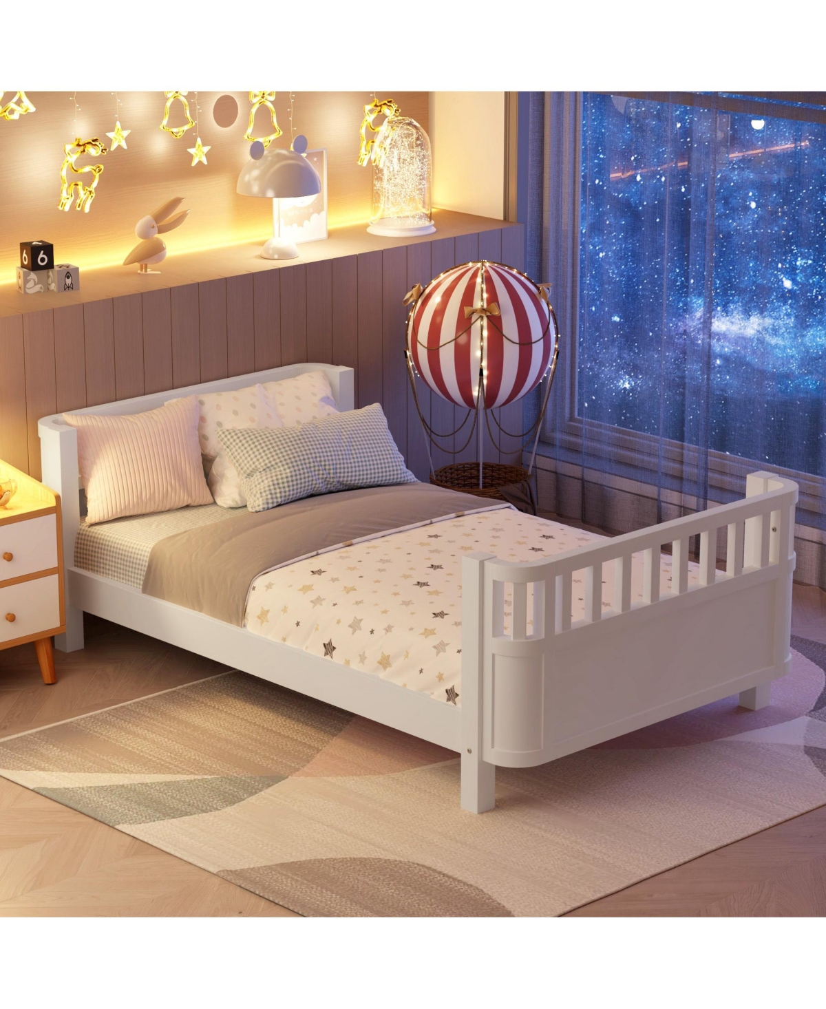 Boyel Living Twin Size Wood Platform Bed for Kids with Low Profile and Safety Rails, White (Patented Design)