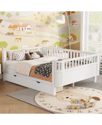 Full Size Wood Platform Bed for Kids with Low Profile, Safety Rails and Wheeled Storage Drawers
