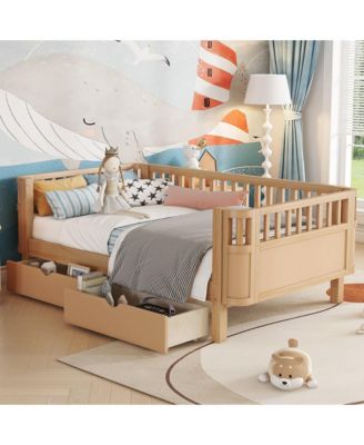 Twin Size Wood Platform Bed for Kids, Low Profile Twin Bed with 2 Wheeled Drawers & Rails
