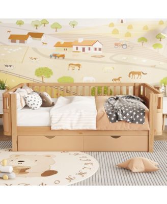 Full Size Wood Platform Bed for Kids, Low Profile Bed with 2 Wheeled Drawers & Rails