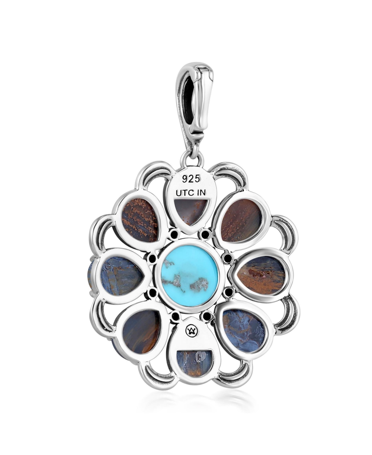 American West Jewelry Sterling Silver Blue Pietersite and Kingman Turquoise Flower Pendant Enhancer