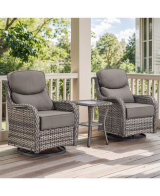 3-Piece Wicker Patio Conversation Set with Crescent Swivel Glider Chairs, Olefin 6-Inch Thick Cushions, and End Table
