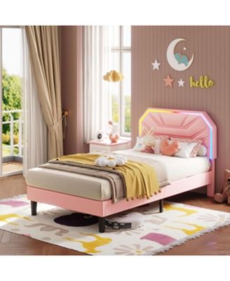 Twin Bed Frames with LED Light Headboard, Upholstered Modern Cama Twin Platform Bed Frame with Heavy Duty Supports, No Box Spring Need, Pink