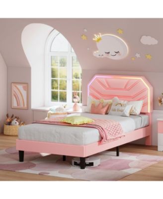 Twin XL Bed Frames with LED Light Headboard and Heavy Duty Supports, No Box Spring Need, Noise Free, Easy Assembly, Pink