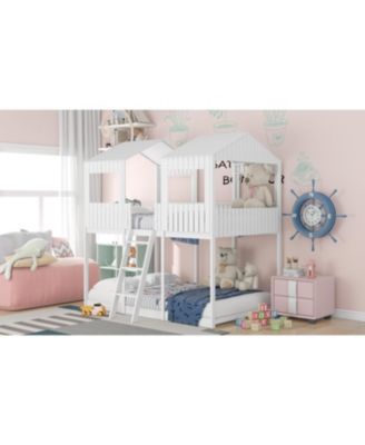 Full Over Full Woodbunk Bed With Roof, Window, Guardrail, Ladder