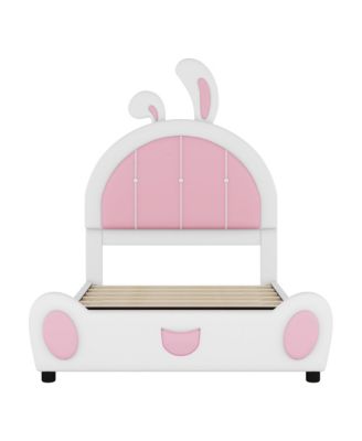 Twin Size Upholstered Platform Bed with Ribbit Shaped Headboard