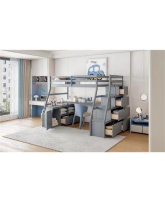 Full Size Loft Bed with 7 Drawers 2 Shelves and Desk
