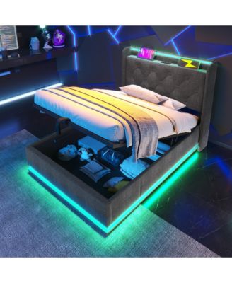 Twin-Size Upholstered LED Bed with Hydraulic Storage