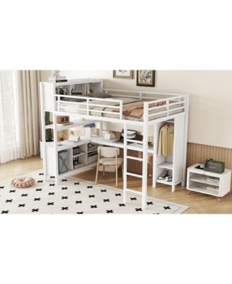 White Metal Loft Bed with Wardrobe, Desk & Storage