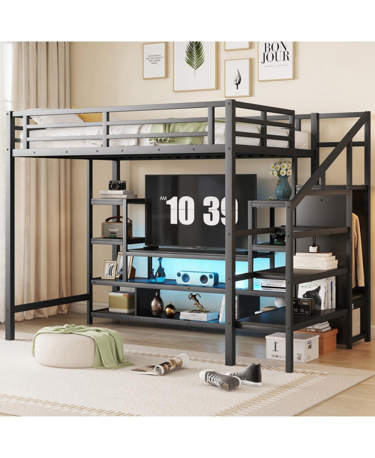 Streamdale Furniture Streamdale Full Size Metal Loft Bed with Stairs & Wardrobe