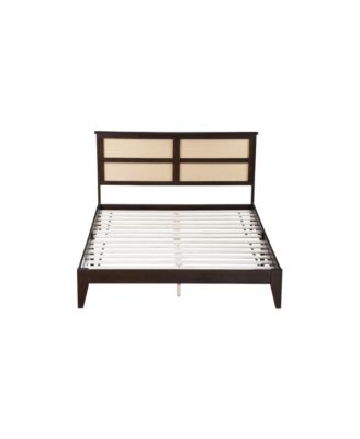 Queen Espresso Wood Bed Rattan Headboard