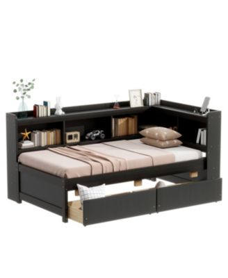 Twin L-Shaped Bookcase Bed w/ Outlets & Drawers - Espresso