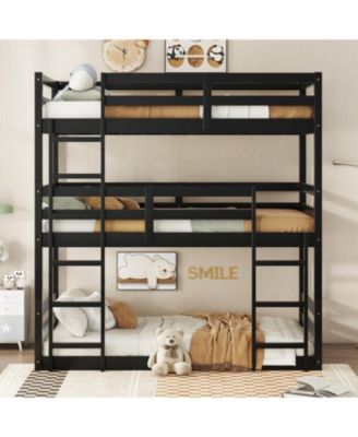 Triple Twin Bunk Bed with Built-in Ladders and Guardrails