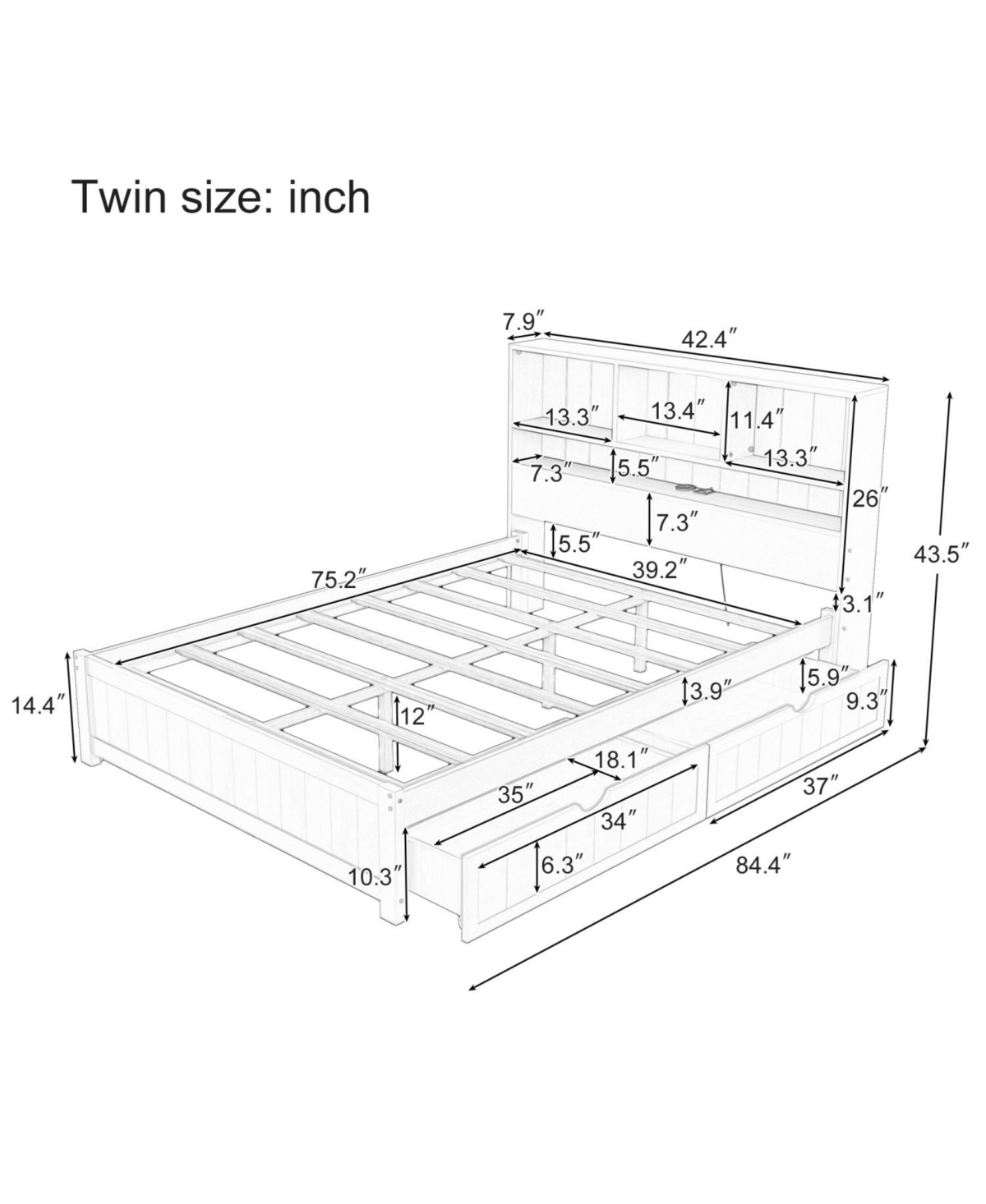 Streamdale Furniture Twin Platform Bed with Bookcase Headboard, Downlight, Charger, Drawers