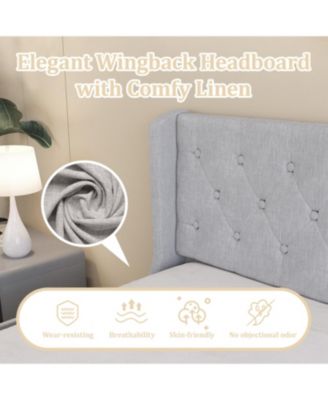  Queen Size Bed Frame with 4 Storage Drawers and Wingback Headboard, Button Tufted Design, Light Grey