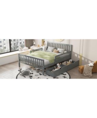 Full Size Wood Platform Bed with Guardrails on Both Sides and Two Storage Drawers, Gray