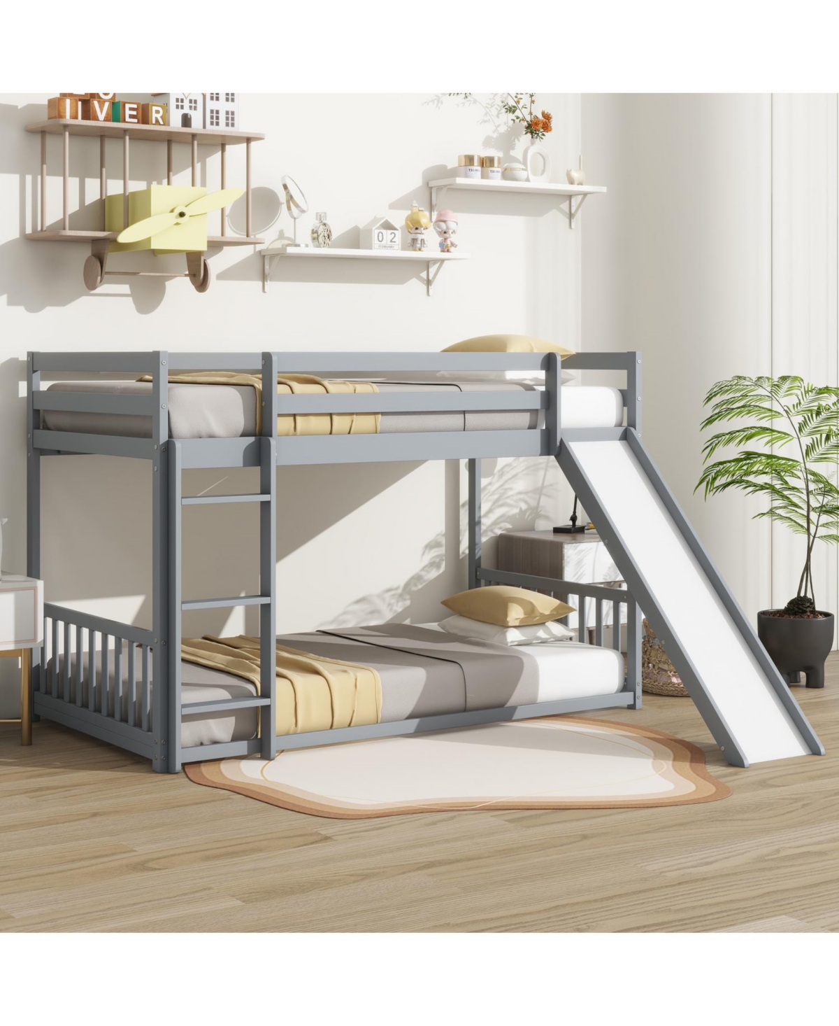 Streamdale Furniture Twin Over Twin Floor Bunk Bed with Slide, Ladder, Door, Safety Guardrails, Solid Pine Wood Bunk Bed