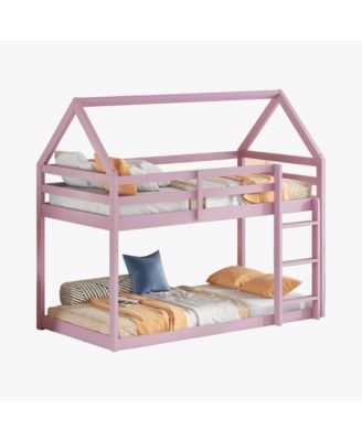 Twin over Twin Rubber Wood Floor Bunk Bed, with ladder,Guardrails,House-Shaped-Bunk Bed