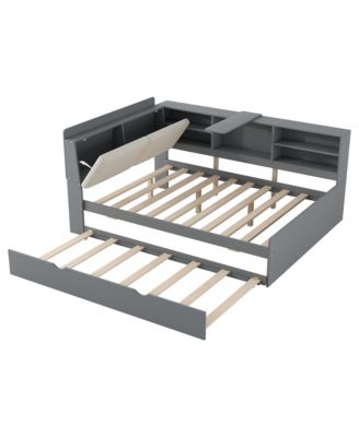 Wood Full Size platform bed with Trundle, Shelves and Storage Headboard