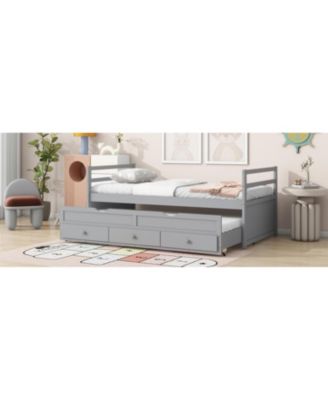 Twin Pine Wood Bed with Headboard, Footboard, Trundle, and Storage