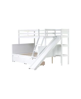 Twin over Full Bunk Bed with 2 Drawers, Slide, Shelves, Ladder, Rubber Wood Bunk Bed with Slide, Drawers