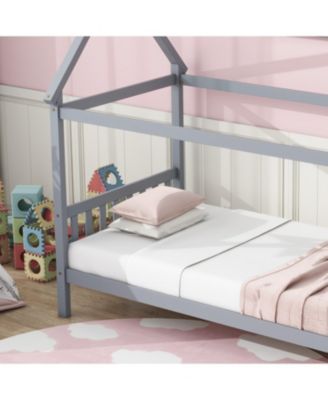  Twin House Bed with Headboard and Footboard, Twin Rubber Wood Bed with House Frame
