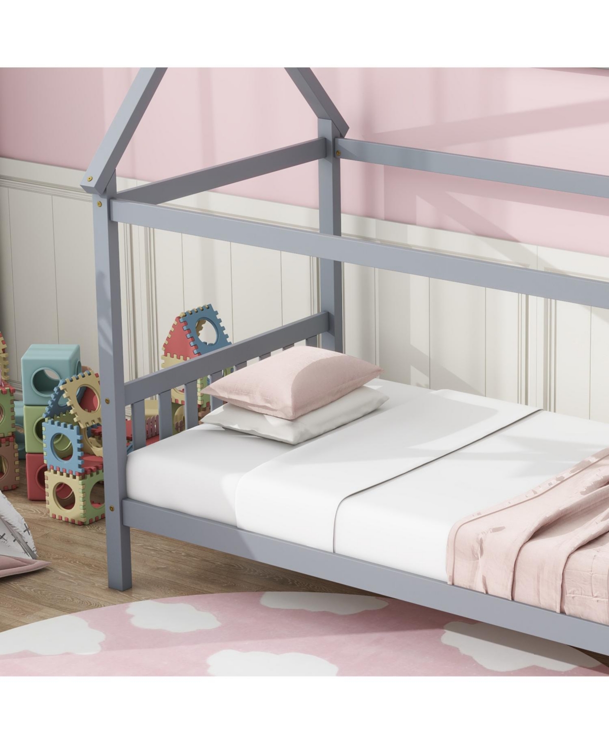 Streamdale Furniture Twin House Bed with Headboard and Footboard, Twin Rubber Wood Bed with House Frame